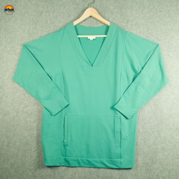 J. Jill Fit Pullover Sweatshirt Green Verde Long Sleeve V-Neck Pockets Women's L - Picture 1 of 11